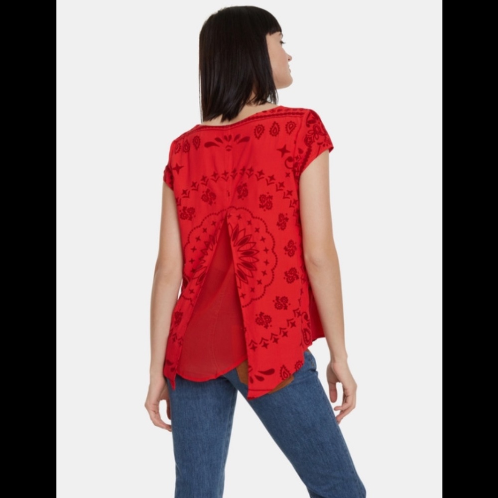 Desigual Muih Raised Velvet Design Split Back Double Layer Top Red Size US XS